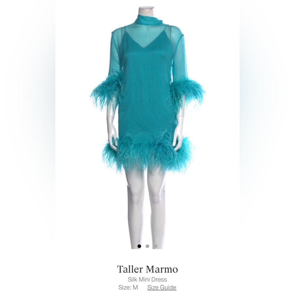 Taller Marmo feather-trim Three-Quarter-sleeve mini dress in turquoise NWOT